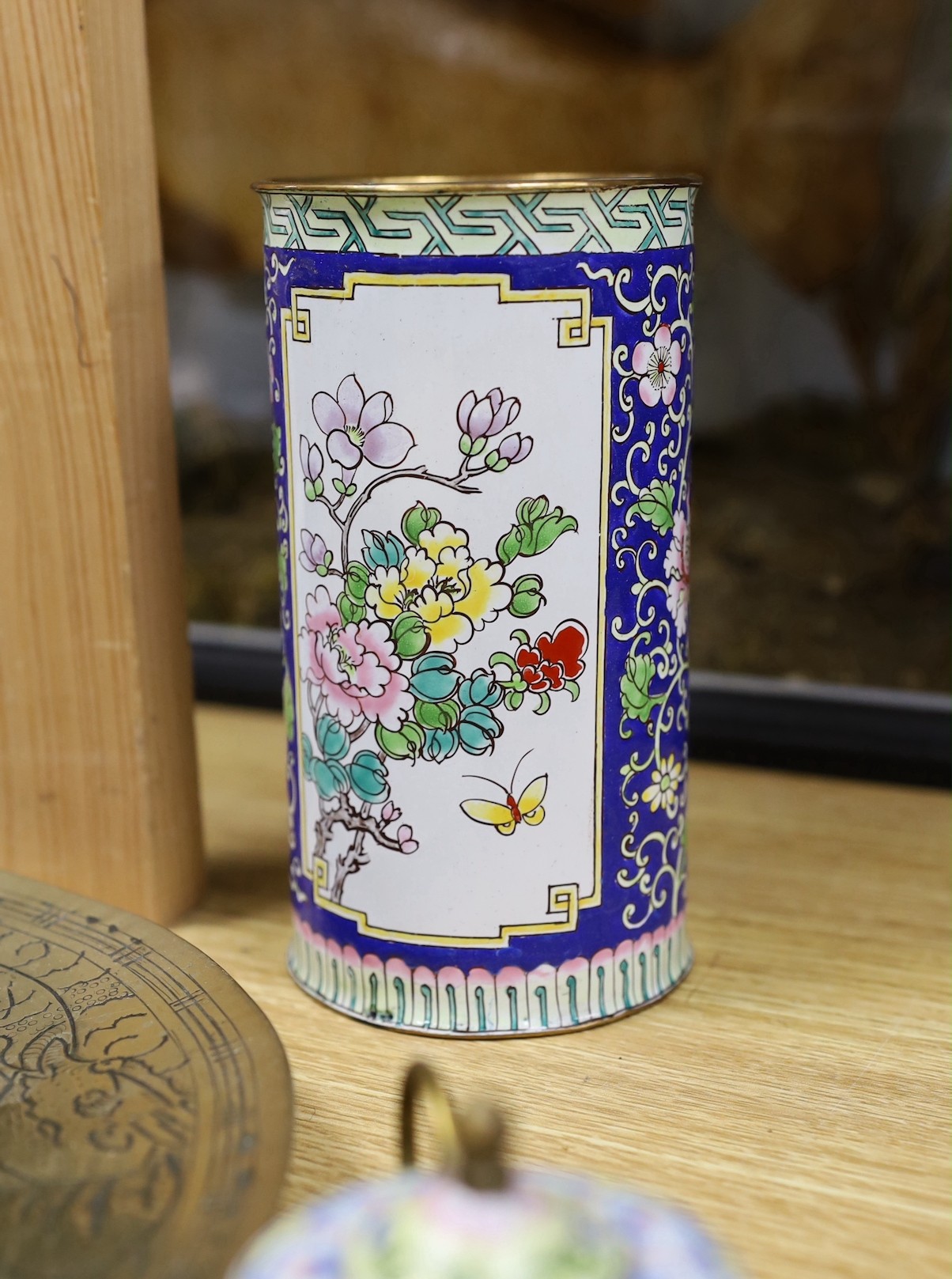 A group of Chinese cloisonné enamel and Guangzhou enamel vases, bowls and miniature tea pots together with a bronze dish, 27.5cm